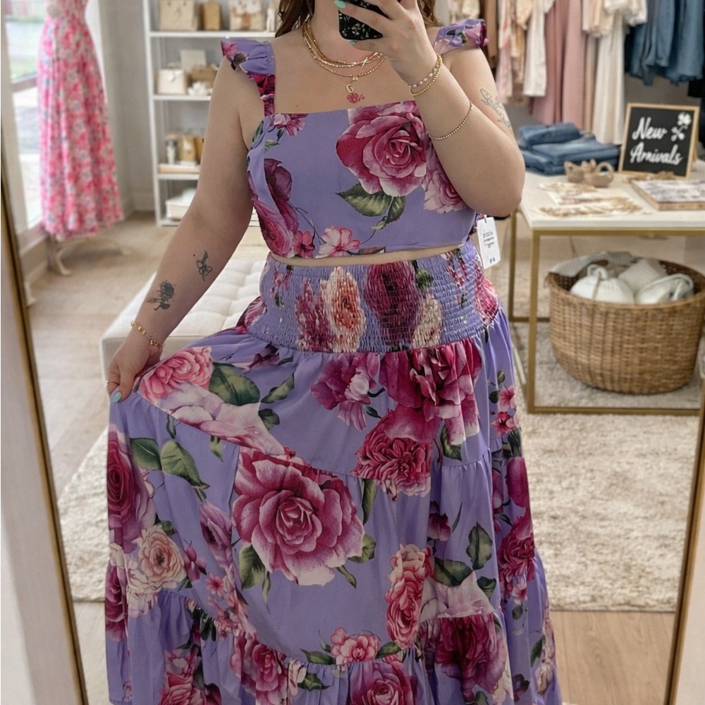SHEIN Lavender Maxi Skirt with Pink Rose Print
